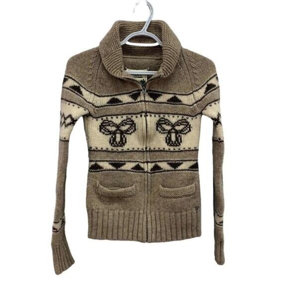 TNA Aritzia Brown 100% Lambswool Zip Up Long Sleeves Sweater Cardigan Small READ - Picture 1 of 10